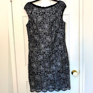 Lauren Ralph Lauren Black Silver Lace Sheath Cocktail Dress Size 12